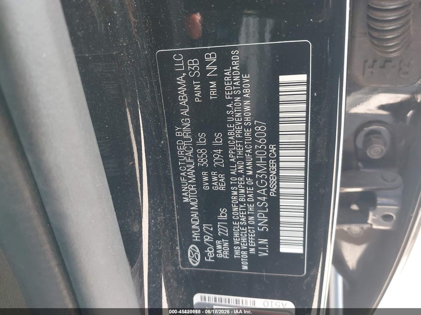 2021 Hyundai Elantra VIN 5NPLS4AG3MH036087 IAAI salvage auction — FRONT END, Clear (Texas), sold $2,800 on 2026-07-08 (photo 9)