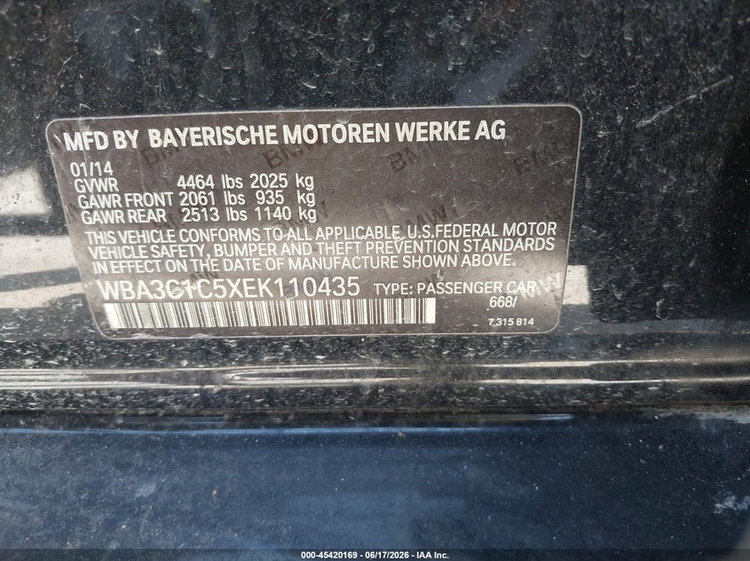 2014 BMW VIN WBA3C1C5XEK110435 IAAI salvage auction — NORMAL WEAR, Original (Texas), sold $575 on 2026-07-29 (photo 9)
