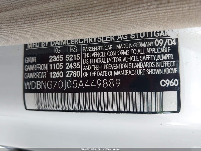 2005 Mercedes-benz S class VIN WDBNG70J05A449889 IAAI salvage auction — FRONT END, Salvage (Alabama), sold $275 on 2026-07-15 (photo 9)