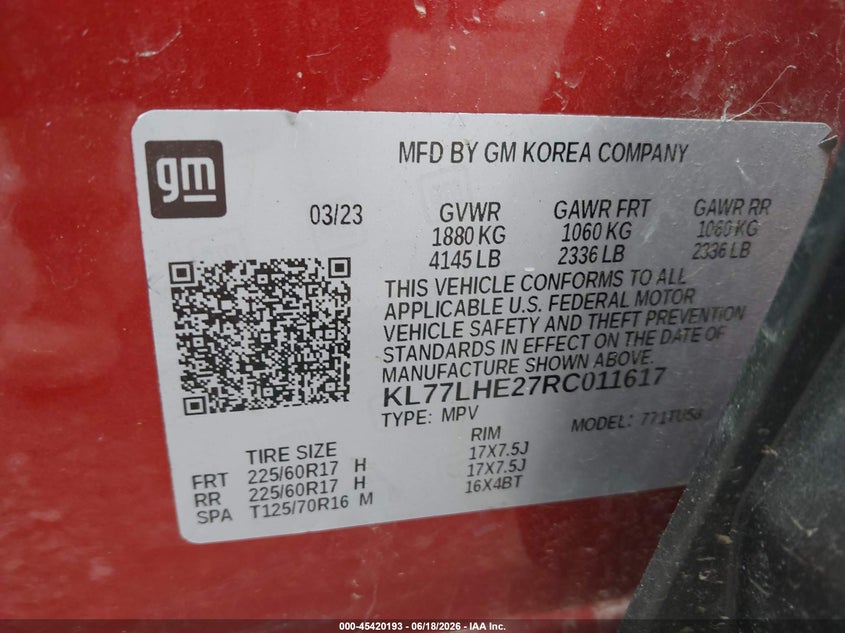 2024 Chevrolet Trax VIN KL77LHE27RC011617 IAAI salvage auction — LEFT FRONT, Salvage Title, sold $7,200 on 2026-07-23 (photo 9)