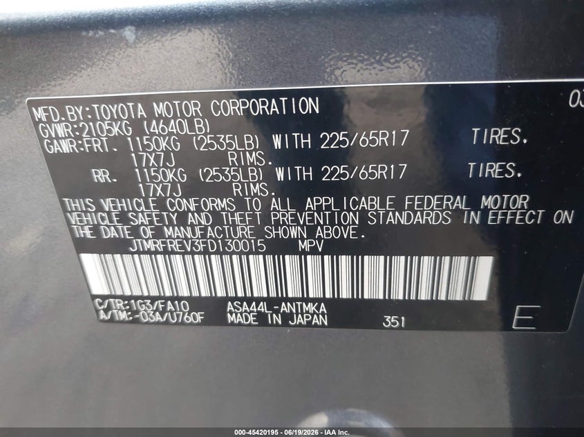 2015 Toyota Rav 4 VIN JTMRFREV3FD130015 IAAI salvage auction — LEFT FRONT, Bill Of Sale (Washington), sold $2,450 on 2026-07-16 (photo 9)