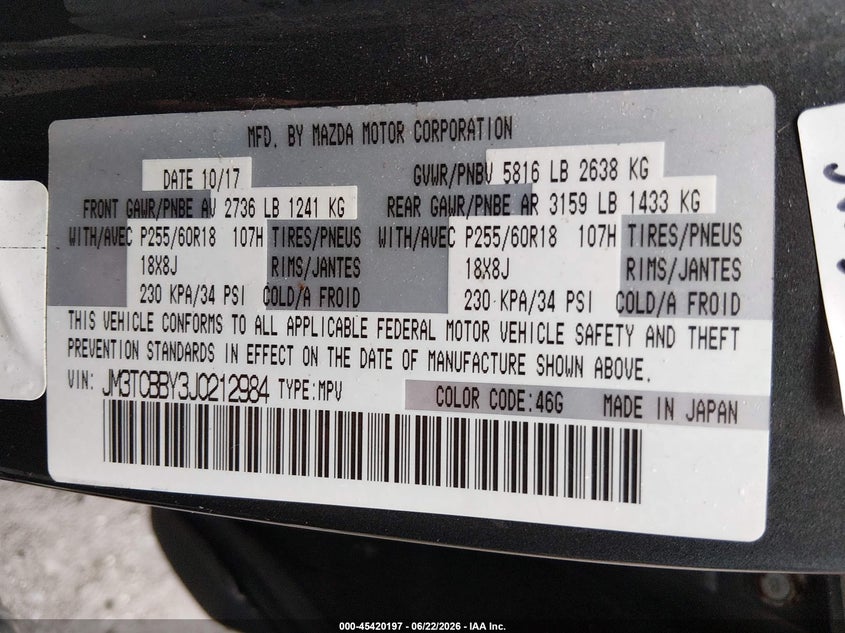 2018 Mazda Cx-9 VIN JM3TCBBY3J0212984 IAAI salvage auction — HAIL, Salvage Title, sold $5,300 on 2026-07-28 (photo 9)