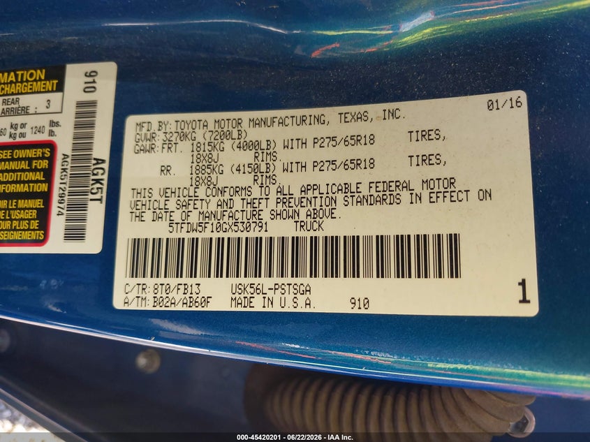 2016 Toyota Tundra VIN 5TFDW5F10GX530791 IAAI salvage auction — FRONT END, Salvage (South Carolina), sold $6,300 on 2026-07-28 (photo 9)