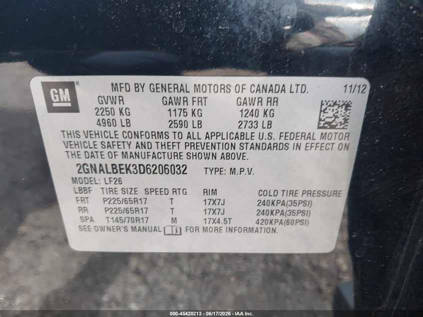 2013 Chevrolet Equinox VIN 2GNALBEK3D6206032 IAAI salvage auction — REAR END, Salvage (Georgia), sold $750 on 2026-07-10 (photo 9)