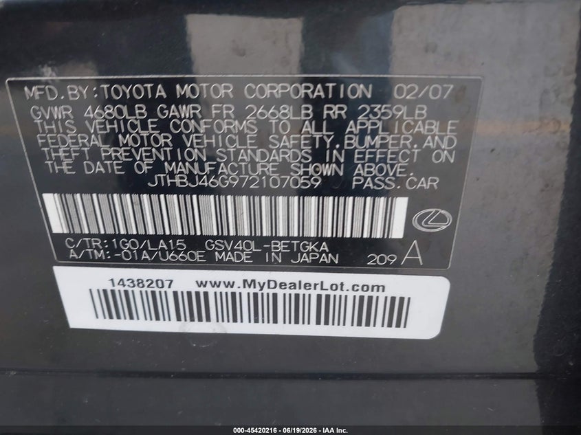 2007 Lexus ES VIN JTHBJ46G972107059 IAAI salvage auction — SIDE, Salvage (California), sold $1,250 on 2026-07-08 (photo 9)