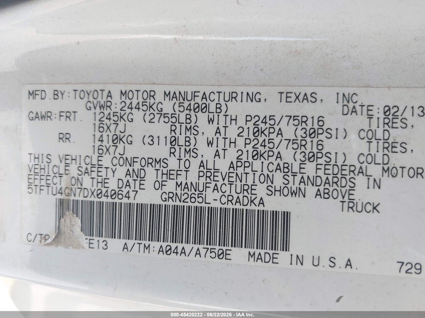 2013 Toyota Tacoma VIN 5TFTU4GN7DX040647 IAAI salvage auction — ROLLOVER, Salvage Title, sold $2,550 on 2026-07-22 (photo 9)
