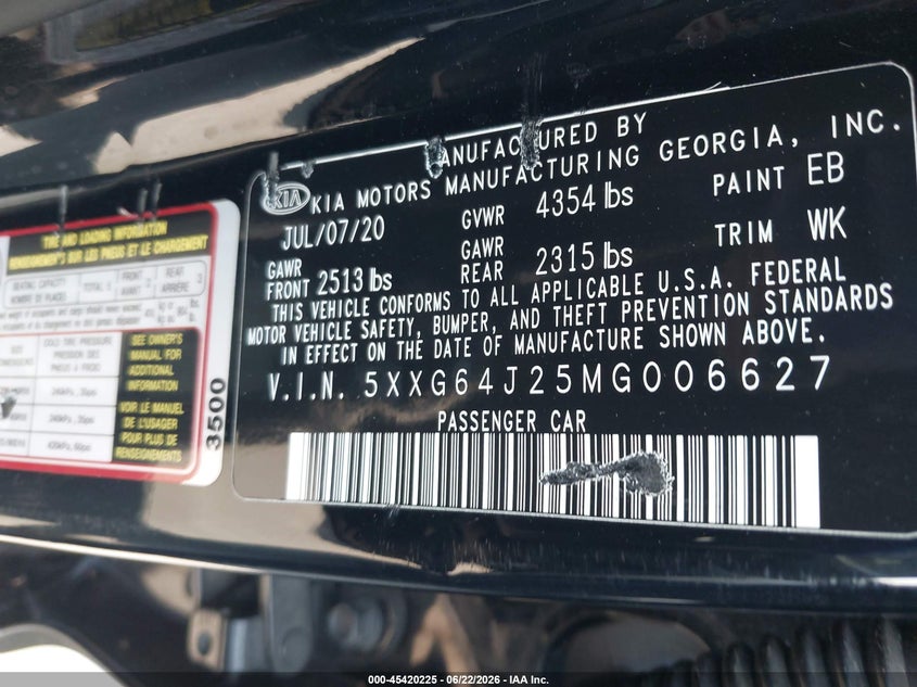 2021 Kia K5 VIN 5XXG64J25MG006627 IAAI salvage auction — VANDALISM, Salvage Title, sold $4,150 on 2026-07-22 (photo 9)