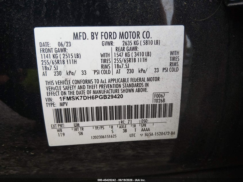 2023 Ford Explorer VIN 1FMSK7DH6PGB29420 IAAI salvage auction — WATER/FLOOD, Salvage Title, sold $12,000 on 2026-08-21 (photo 9)