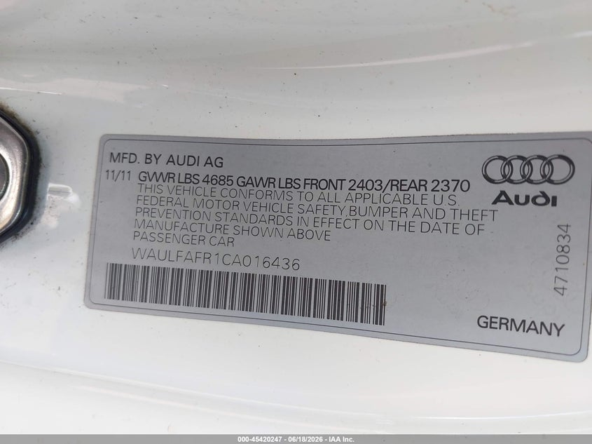 2012 Audi A5 VIN WAULFAFR1CA016436 IAAI salvage auction — NORMAL WEAR, Clear (New Jersey), sold $1,050 on 2026-07-08 (photo 9)