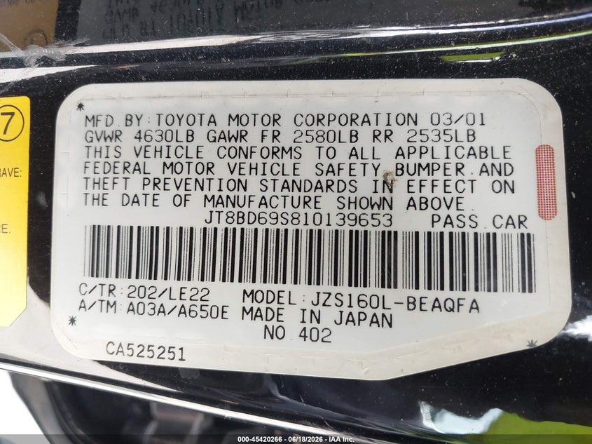 2001 Lexus Gs 300 VIN JT8BD69S810139653 IAAI salvage auction — FRONT END, Salvage (California), sold $350 on 2026-07-17 (photo 9)