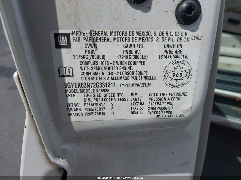 2002 Cadillac Escalade ext VIN 3GYEK63N72G331211 IAAI salvage auction — FRONT END, Clear (Washington), sold $1,350 on 2026-07-09 (photo 9)