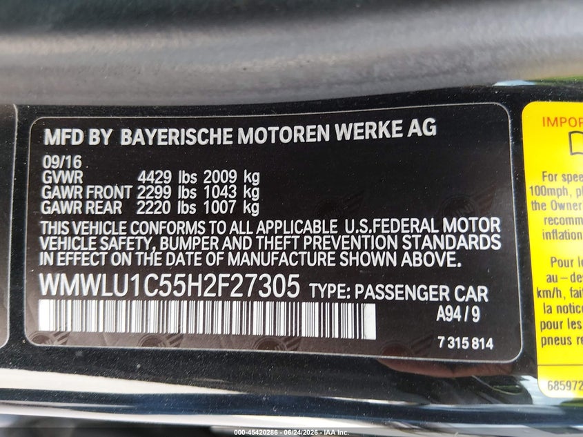 2017 Mini Clubman VIN WMWLU1C55H2F27305 IAAI salvage auction — FRONT END, Salvage Title, sold $1,000 on 2026-08-08 (photo 9)