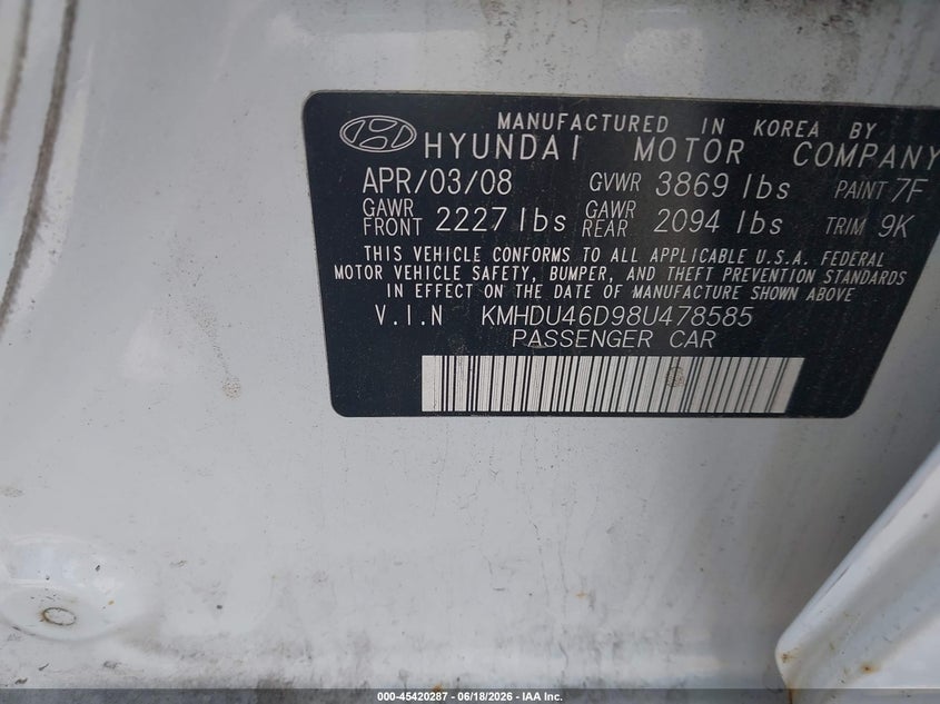 2008 Hyundai Elantra VIN KMHDU46D98U478585 IAAI salvage auction — FRONT END, Mv-907A (New York), sold $250 on 2026-07-07 (photo 9)