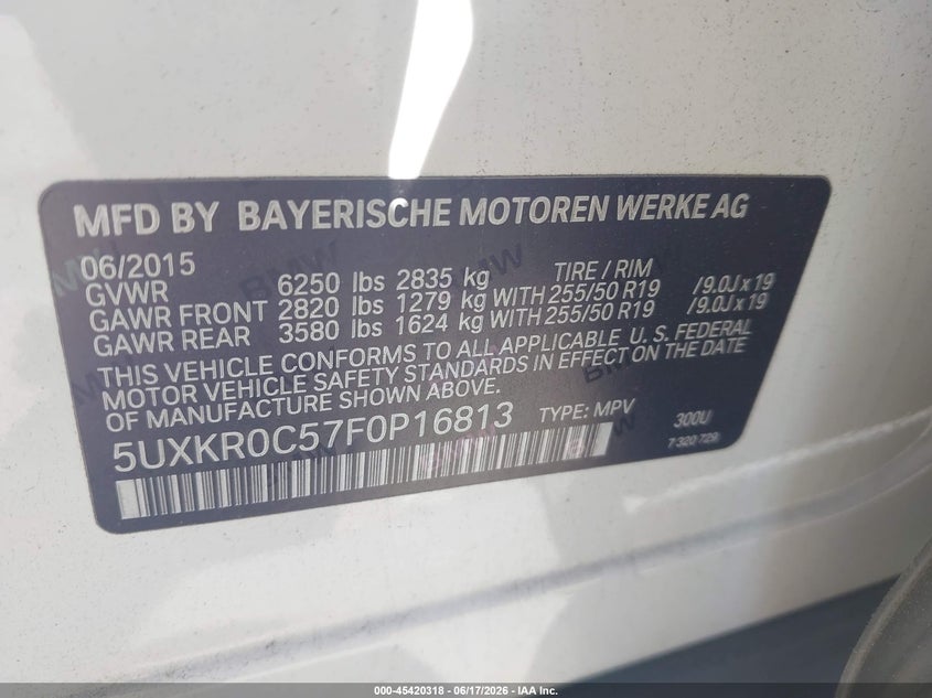 2015 BMW X5 VIN 5UXKR0C57F0P16813 IAAI salvage auction — REAR END, Salvage (California), sold $4,625 on 2026-07-09 (photo 9)