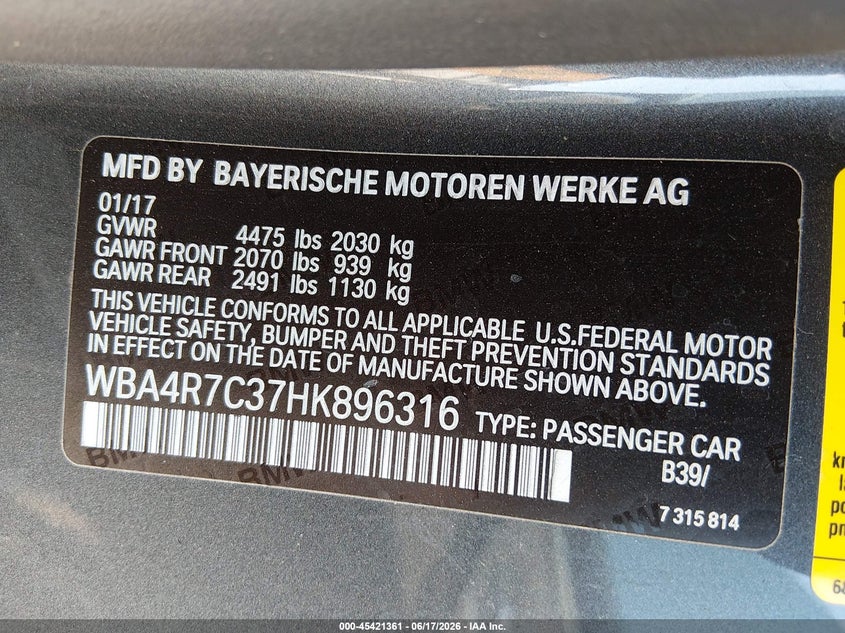 2017 BMW VIN WBA4R7C37HK896316 IAAI salvage auction — LEFT SIDE, Salvage (California), sold $5,400 on 2026-07-15 (photo 9)