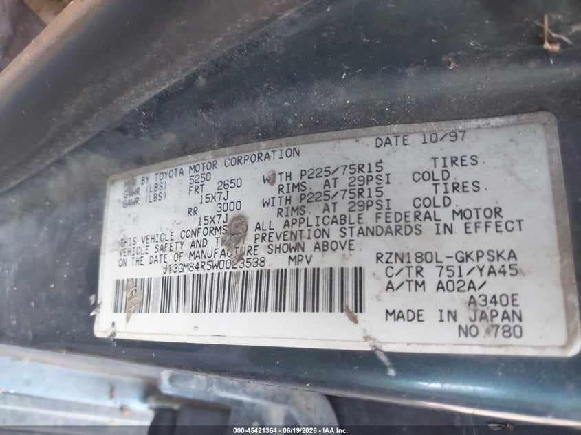 1998 Toyota 4runner VIN JT3GM84R5W0023538 IAAI salvage auction — NORMAL WEAR, Clear (Indiana), sold $450 on 2026-07-22 (photo 9)