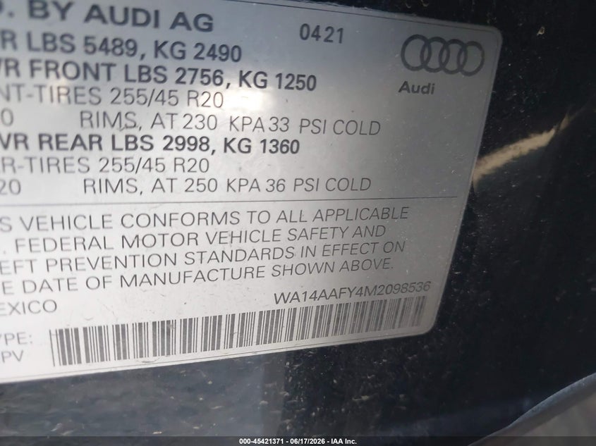 2021 Audi Q5 sportback VIN WA14AAFY4M2098536 IAAI salvage auction — FRONT END, Salvage Title, sold $14,500 on 2026-08-12 (photo 9)