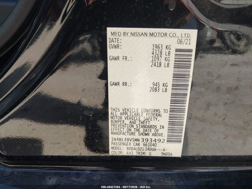 2021 Nissan Altima VIN 1N4BL4BV5MN393492 IAAI salvage auction — ALL OVER, Sf97 (New Hampshire), sold $8,100 on 2026-07-23 (photo 9)