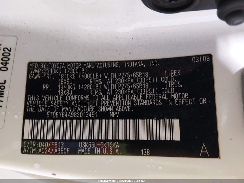 2008 Toyota Sequoia VIN 5TDBY64A98S013491 IAAI salvage auction — RIGHT SIDE, Bill Of Sale (Alaska), sold $650 on 2026-07-24 (photo 9)