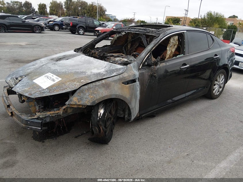 2015 Kia Optima VIN 5XXGN4A7XFG416485 IAAI salvage auction — EXTERIOR BURN, Non-Repairable (California), sold $250 on 2026-07-09 (photo 2)
