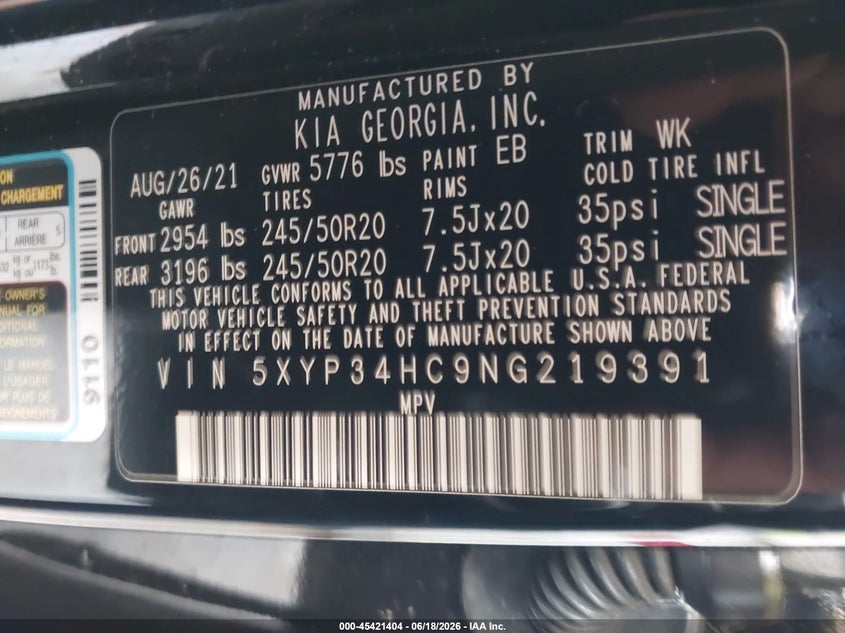 2022 Kia Telluride VIN 5XYP34HC9NG219391 IAAI salvage auction — SIDE, Salvage Title, sold $825 on 2026-07-22 (photo 9)