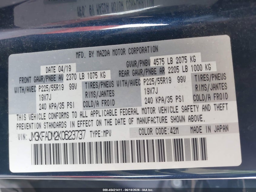 2019 Mazda Cx-5 VIN JM3KFADM2K0623737 IAAI salvage auction — NORMAL WEAR, Clear (Florida), sold $5,775 on 2026-07-15 (photo 9)