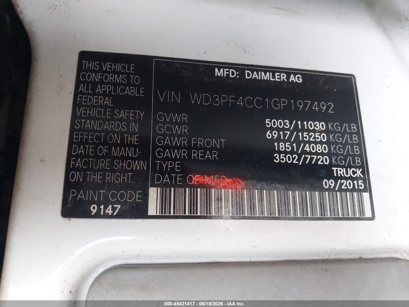 2016 Mercedes-benz VIN WD3PF4CC1GP197492 IAAI salvage auction — NORMAL WEAR, Salvage Title, sold $525 on 2026-07-21 (photo 8)