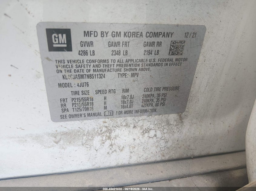 2022 Buick Encore VIN KL4CJASM7NB511324 IAAI salvage auction — LEFT FRONT, Salvage Title, sold $3,450 on 2026-07-31 (photo 9)