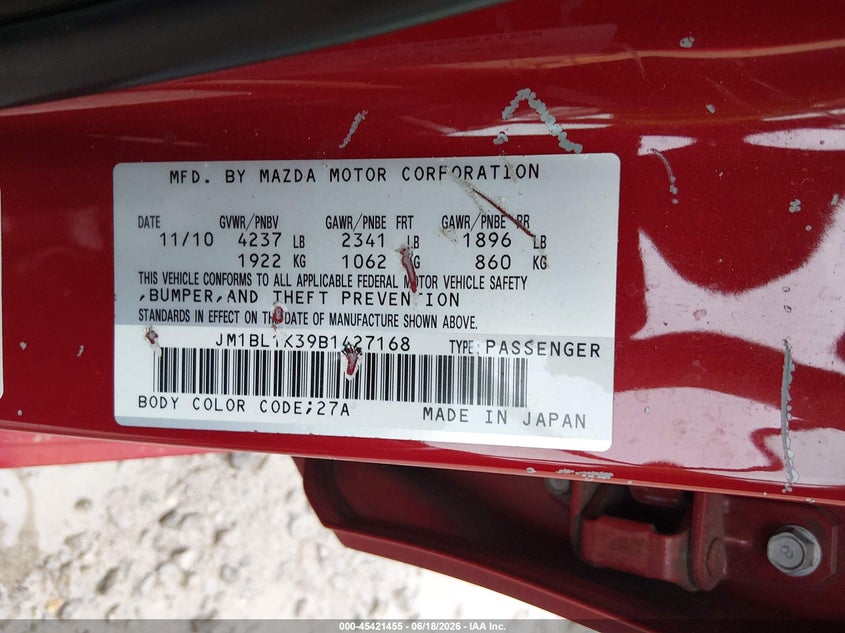 2011 Mazda 3 VIN JM1BL1K39B1427168 IAAI salvage auction — FRONT END, Salvage (Alabama), sold $250 on 2026-07-29 (photo 9)
