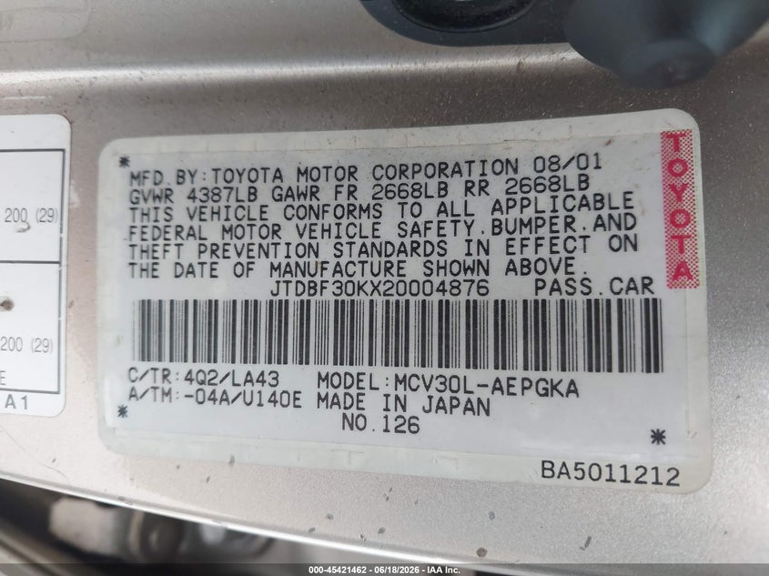 2002 Toyota Camry VIN JTDBF30KX20004876 IAAI salvage auction — REAR END, Salvage (California), sold $900 on 2026-07-29 (photo 9)