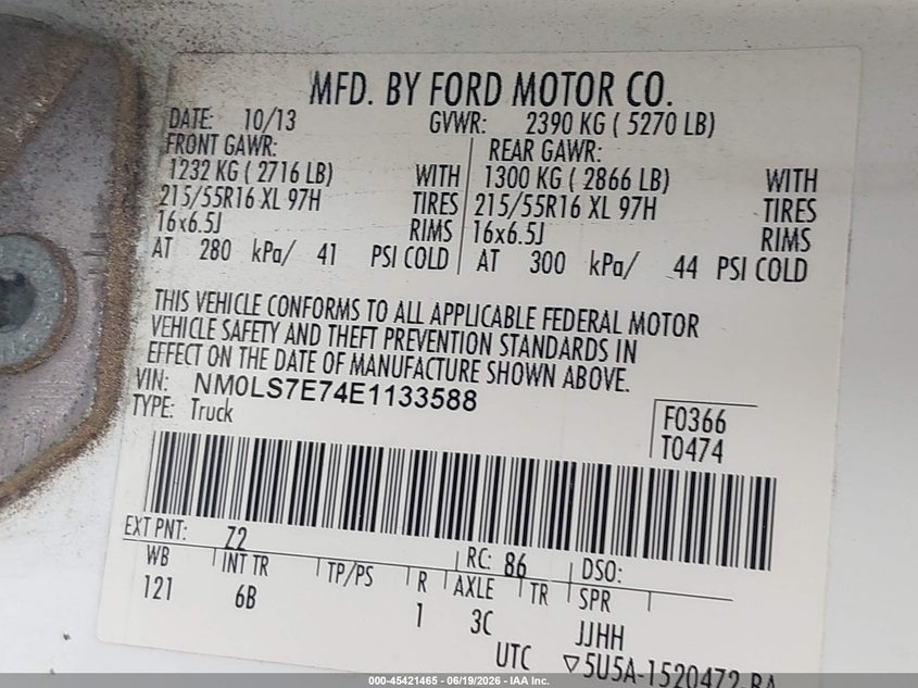 2014 Ford Transit VIN NM0LS7E74E1133588 IAAI salvage auction — FRONT END, Salvage (Texas), sold $675 on 2026-07-08 (photo 9)