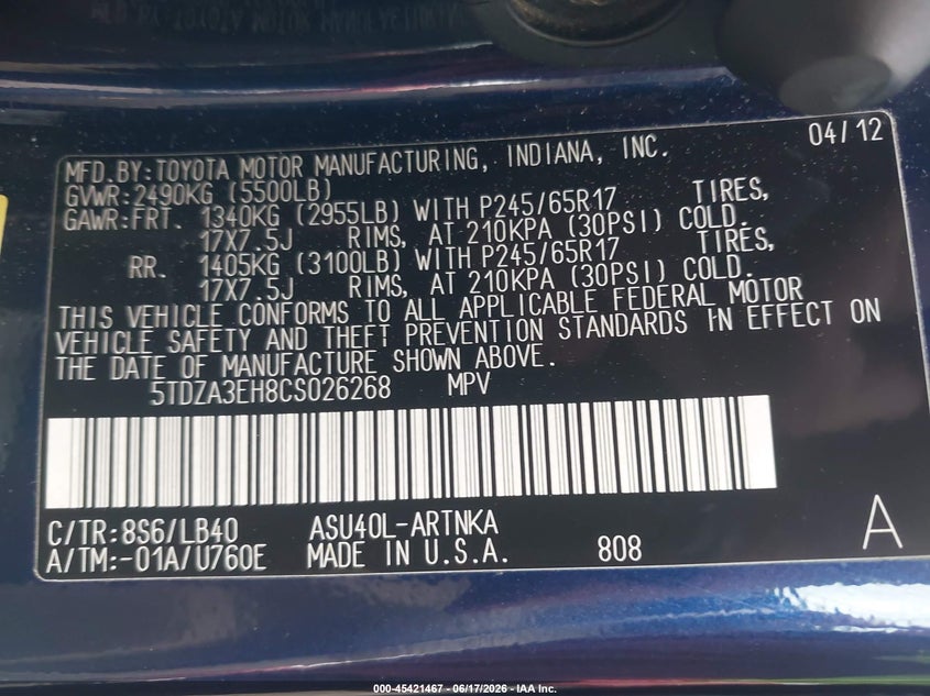 2012 Toyota Highlander VIN 5TDZA3EH8CS026268 IAAI salvage auction — NORMAL WEAR, Clear (North Carolina), sold $3,000 on 2026-07-10 (photo 9)