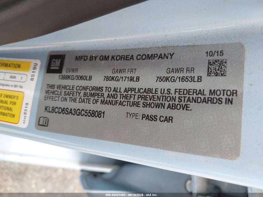 2016 Chevrolet Spark VIN KL8CD6SA3GC558081 IAAI salvage auction — FRONT END, Salvage Title, sold $25 on 2026-07-28 (photo 9)