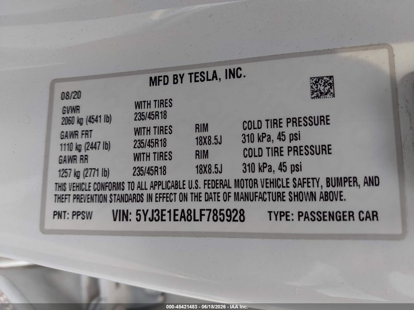 2020 Tesla Model 3 VIN 5YJ3E1EA8LF785928 IAAI salvage auction — REAR END, Salvage Title, sold $2,100 on 2026-07-23 (photo 9)