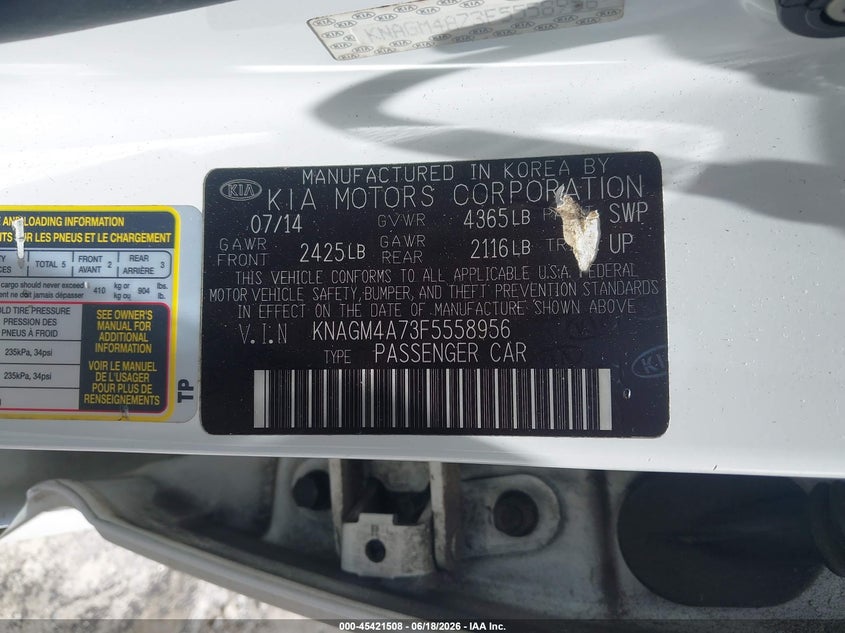 2015 Kia Optima VIN KNAGM4A73F5558956 IAAI salvage auction — FRONT END, Salvage (Georgia), sold $425 on 2026-07-24 (photo 9)