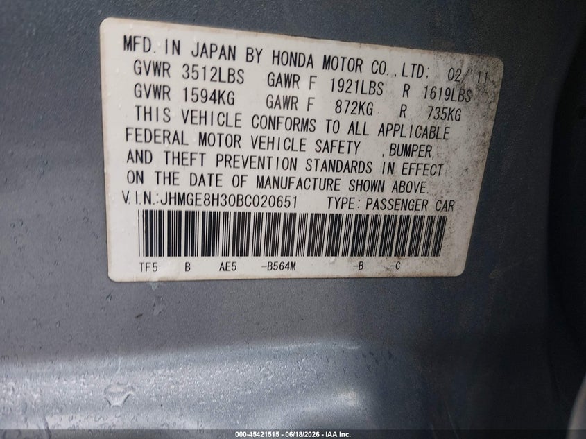 2011 Honda Fit VIN JHMGE8H30BC020651 IAAI salvage auction — REAR END, Salvage (South Carolina), sold $25 on 2026-07-29 (photo 9)