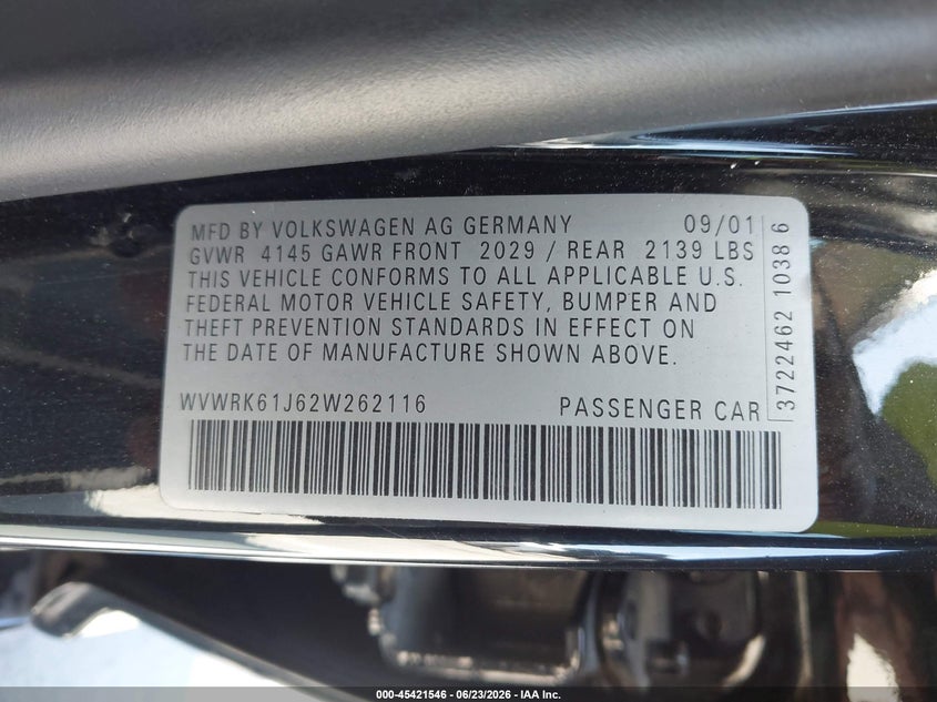 2002 Volkswagen Jetta VIN WVWRK61J62W262116 IAAI salvage auction — FRONT & REAR, Salvage (California), sold $675 on 2026-07-16 (photo 9)