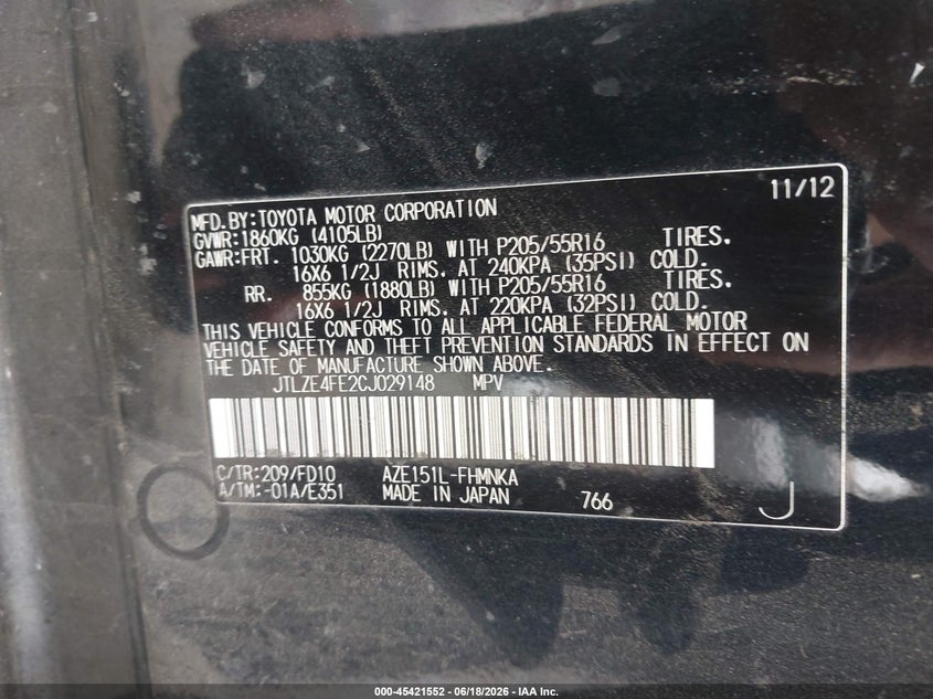 2012 Scion Xb VIN JTLZE4FE2CJ029148 IAAI salvage auction — LEFT FRONT, Salvage (California), sold $475 on 2026-07-07 (photo 9)