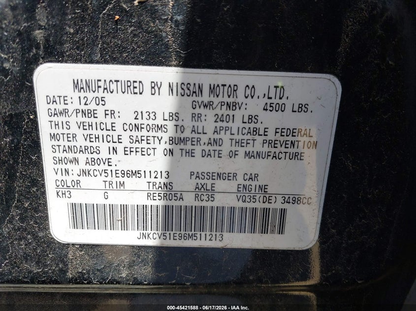2006 Infiniti G35 VIN JNKCV51E96M511213 IAAI salvage auction — NORMAL WEAR, Clear - Dealer Only (California), sold $450 on 2026-07-20 (photo 9)