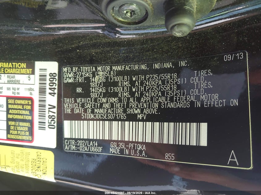 2014 Toyota Sienna VIN 5TDDK3DC5ES071765 IAAI salvage auction — FRONT END, Salvage Title, sold $2,550 on 2026-07-24 (photo 9)