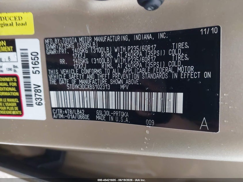 2011 Toyota Sienna VIN 5TDYK3DCXBS102313 IAAI salvage auction — NORMAL WEAR, Original (Texas), sold $3,175 on 2026-07-07 (photo 9)