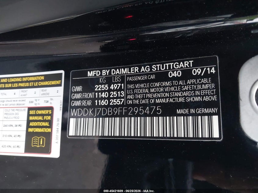 2015 Mercedes-benz E-klasse VIN WDDKJ7DB9FF295475 IAAI salvage auction — RIGHT FRONT, Salvage Title, sold $6,050 on 2026-07-10 (photo 9)