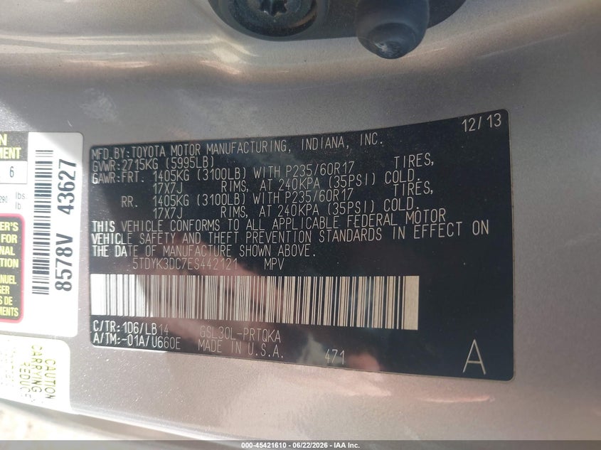 2014 Toyota Sienna VIN 5TDYK3DC7ES442121 IAAI salvage auction — REAR END, Salvage Title, sold $1,800 on 2026-07-28 (photo 9)