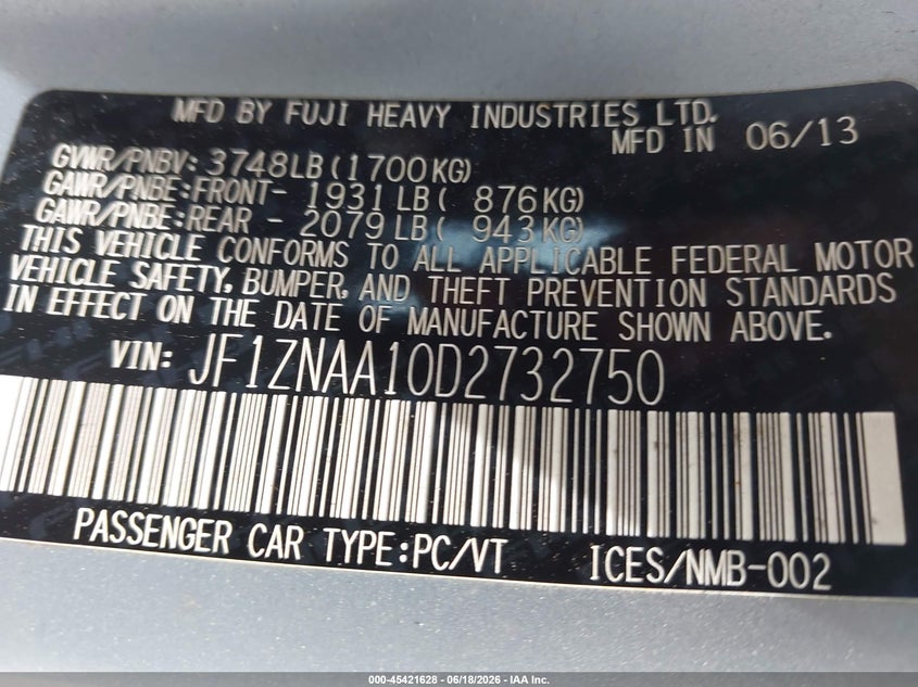 2013 Scion Fr-s VIN JF1ZNAA10D2732750 IAAI salvage auction — FRONT END, Salvage Title, sold $1,050 on 2026-07-22 (photo 9)