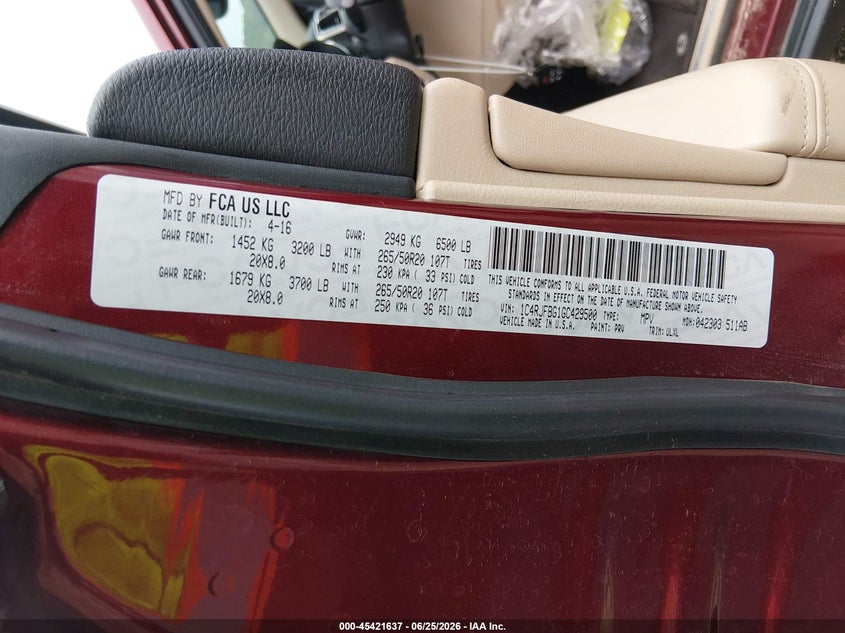 2016 Jeep Grand cherokee VIN 1C4RJFBG1GC429500 IAAI salvage auction — FRONT END, Salvage Title, sold $2,550 on 2026-08-01 (photo 9)