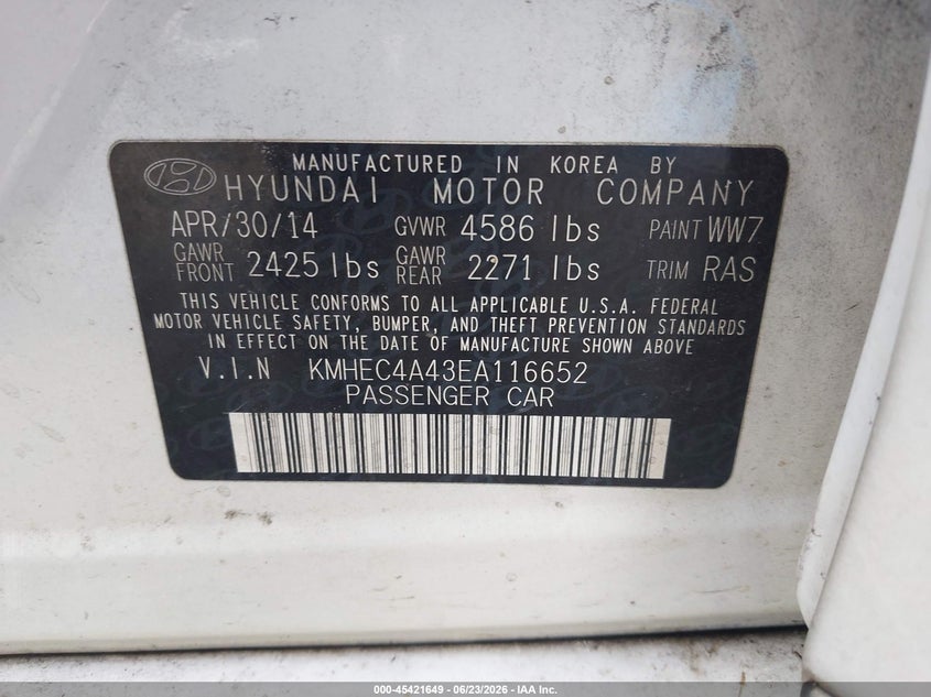 2014 Hyundai Sonata VIN KMHEC4A43EA116652 IAAI salvage auction — RIGHT FRONT, Salvage (Louisiana), sold $925 on 2026-07-29 (photo 9)