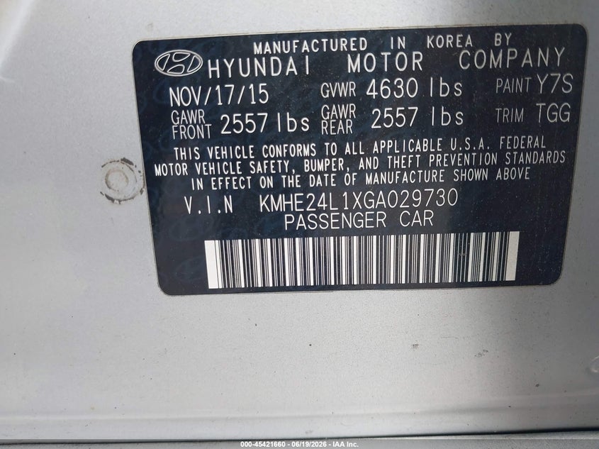 2016 Hyundai Sonata VIN KMHE24L1XGA029730 IAAI salvage auction — FRONT END, Salvage (Connecticut), sold $425 on 2026-07-16 (photo 9)