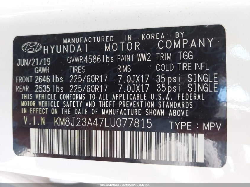 2020 Hyundai Tucson VIN KM8J23A47LU077815 IAAI salvage auction — THEFT, Salvage Title, sold $3,550 on 2026-07-21 (photo 9)
