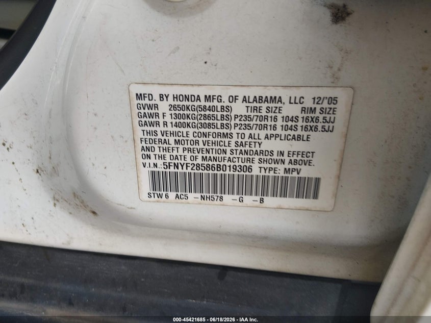 2006 Honda Pilot VIN 5FNYF28586B019306 IAAI salvage auction — FRONT END, Salvage (Louisiana), sold $200 on 2026-07-29 (photo 9)