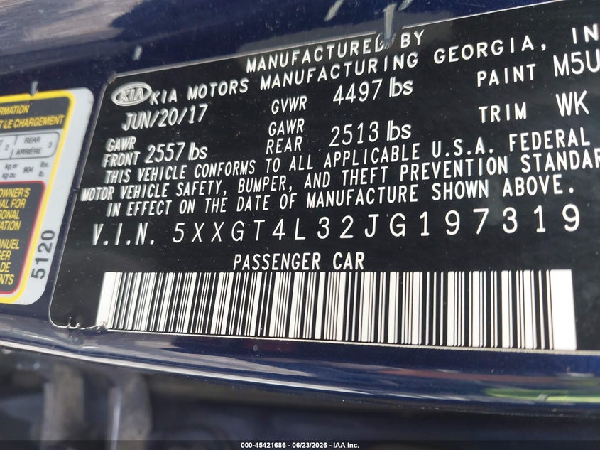 2018 Kia Optima VIN 5XXGT4L32JG197319 IAAI salvage auction — REAR END, Mv-907A (New York), sold $900 on 2026-07-28 (photo 9)